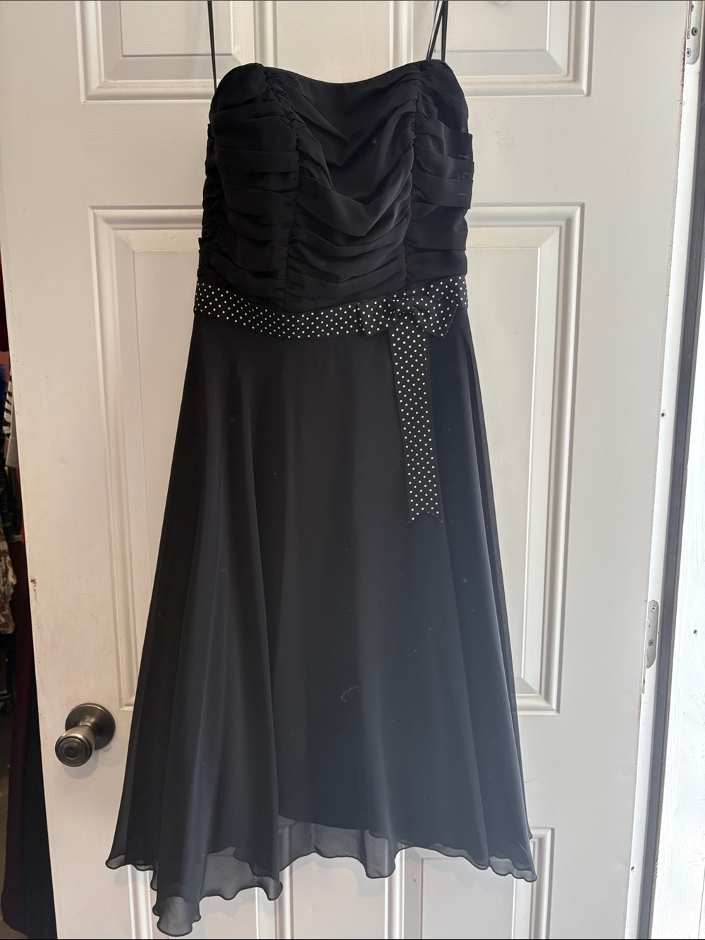 Black Strapless A-Line Chiffon Dress with Polka Dot Waist Tie